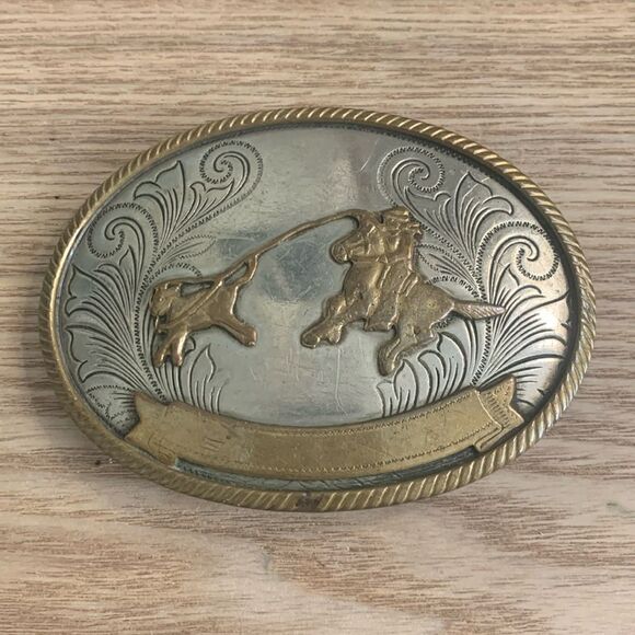 Vintage German Silver Cowboy Roping Calf Oval Belt Buckle - Picture 1 of 17